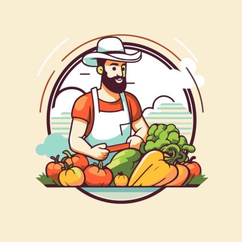 Farmer in hat and apron with ripe vegetables. Vector illustratio