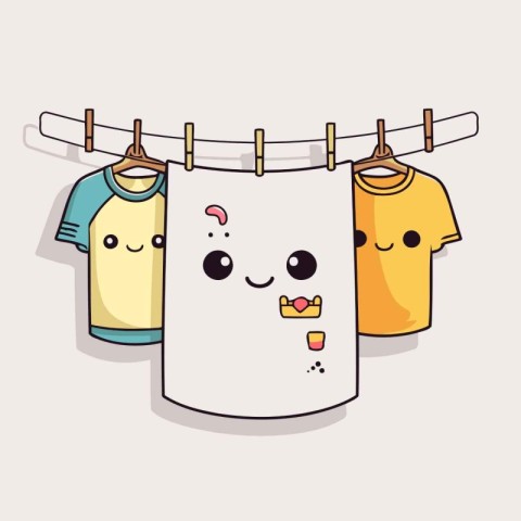 Clothes hanging on the clothesline. Cute cartoon vector illustra