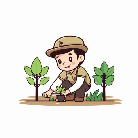 Farmer planting a tree in the garden. Cartoon vector illustratio