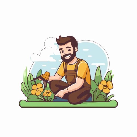 Gardener working in the garden. Flat style vector illustration.