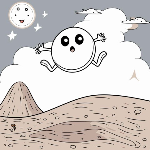 Illustration of a Cute Cartoon Character Flying on a Hilly Hill