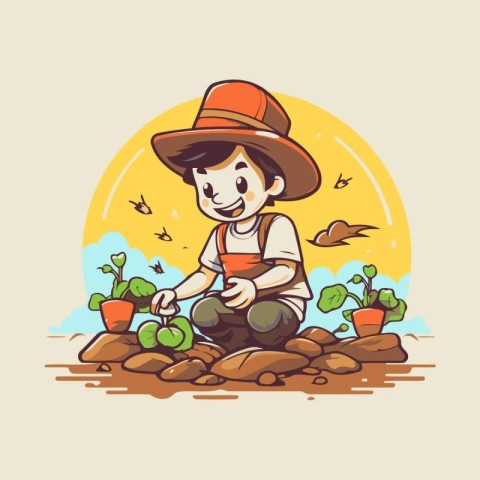 Illustration of a farmer planting vegetables in the garden. Vect