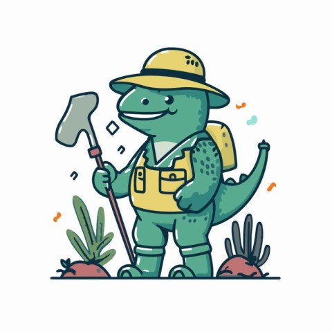 Vector illustration of a dinosaur in a safari hat and overalls.