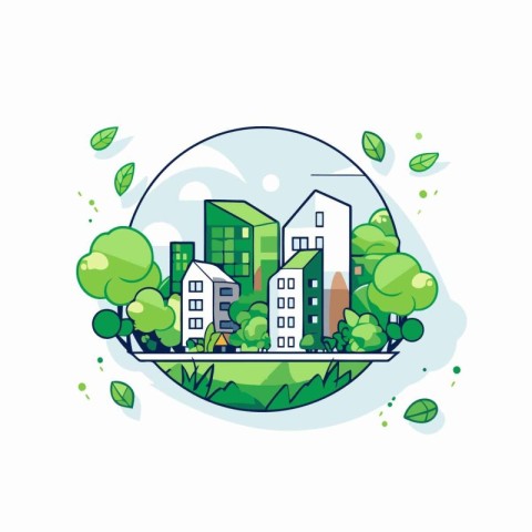 Vector illustration of green city in circle shape with trees. bu