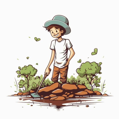 Vector illustration of a boy with a shovel on a stone in the gar