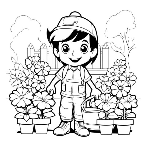 Gardening boy with flower and plants cartoon vector illustration