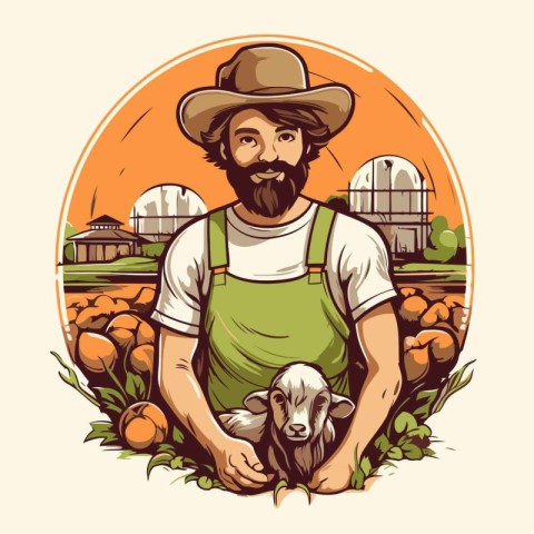 Farmer with a goat in the field. Vector illustration of farm ani