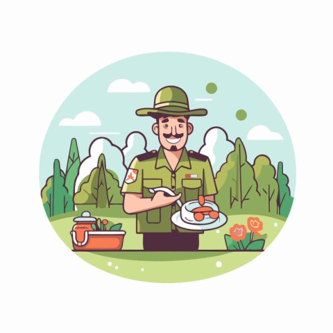 Vector illustration of a man with a plate of food in the park.