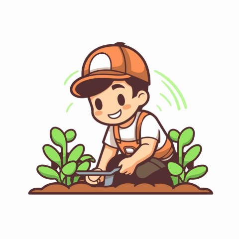 Cute boy working in the garden. Vector illustration in cartoon s