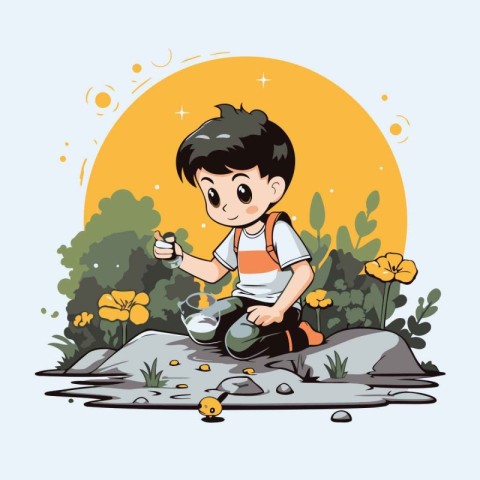 Boy watering flowers in the garden. Vector illustration in carto