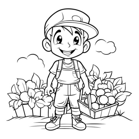 Coloring Page Outline Of Cute Little Boy Harvesting Berries