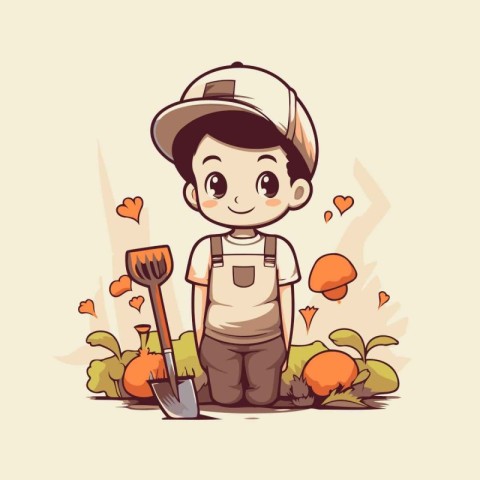 Cute little farmer with a shovel in his hand. Vector illustratio