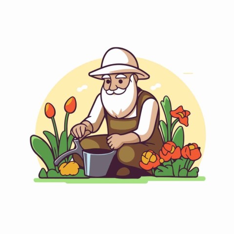 Gardener with watering can and tulips. Vector illustration.