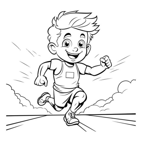 Outline illustration of a boy running on a race track. Coloring