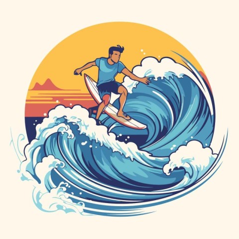 Surfer on the wave. Vector illustration of a man on a surfboard.