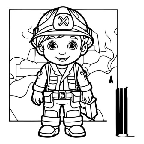 Black and White Cartoon Illustration of Little Fireman or Firema