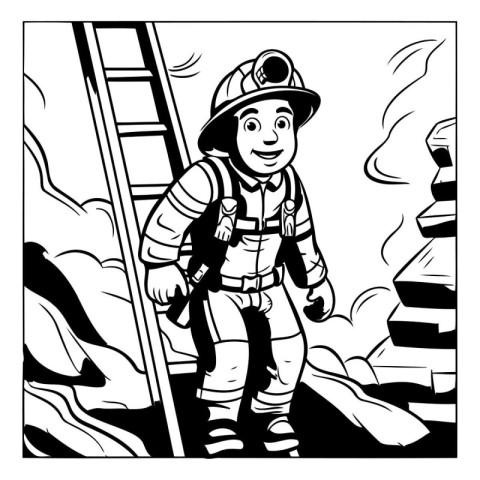 Black and White Cartoon Illustration of a Fireman or Firefighter