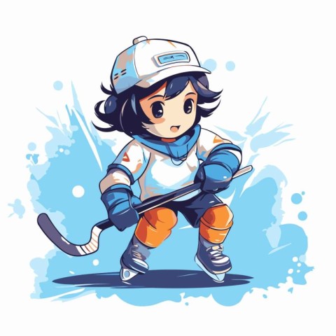 Cute cartoon ice hockey player. Vector illustration on white bac