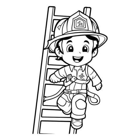 Black and White Cartoon Illustration of Cute Little Fireman Char