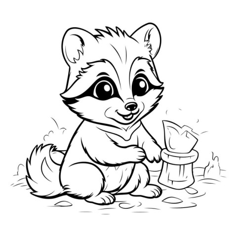 Black and White Cartoon Illustration of Cute Raccoon Animal for