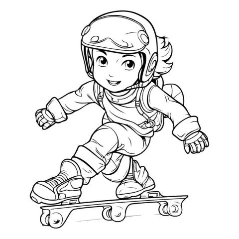 Coloring Page Outline Of a Kid Skateboarder Vector