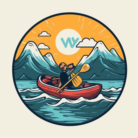 Kayak in the sea. Vector illustration in vintage style on a back