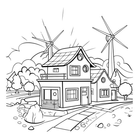 House with wind turbines. Black and white vector illustration fo