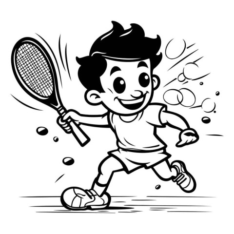 Boy playing tennis - Black and White Cartoon Illustration. Vecto