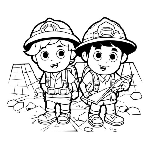 Fireman and fireman with a tablet. Coloring book.