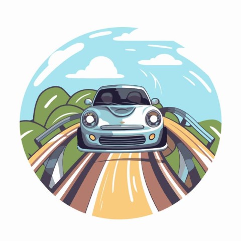 Car on the road. Vector illustration in a flat style. Side view.