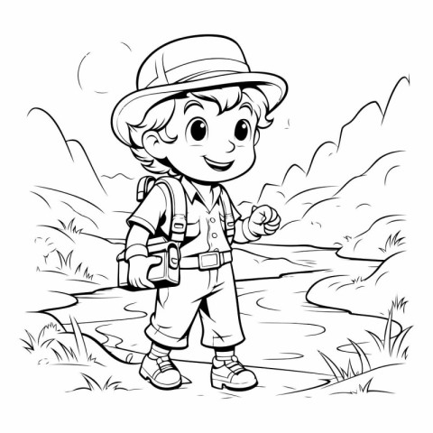 Outdoor adventure coloring page with a little boy. Vector illust