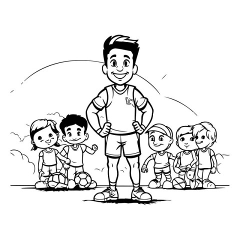 Soccer player and group of children cartoon vector illustration