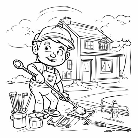 Black and White Cartoon Illustration of Kid Boy Painting House o