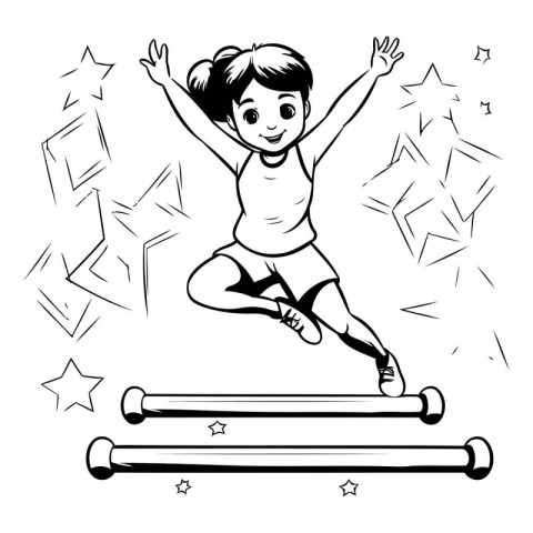 Cute little girl jumping over a hurdle. Black and white vector i