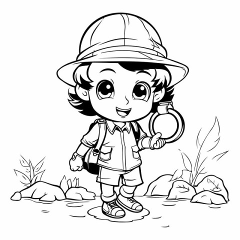 Black and White Cartoon Illustration of Kid explorer or explorer