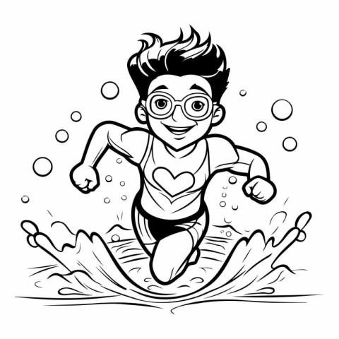 Boy Swimming - Black and White Cartoon Illustration. Line Art St