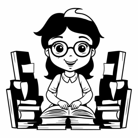 cute little student girl reading book in library vector illustra