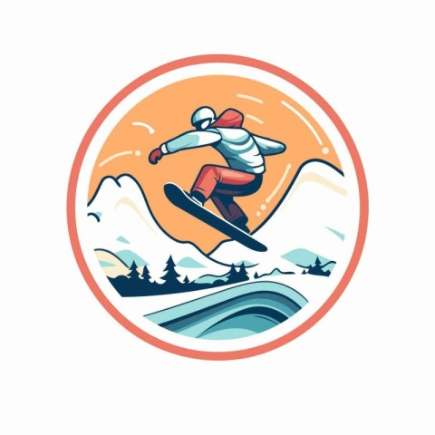 Snowboarder jumping in the mountains. Vector illustration in ret