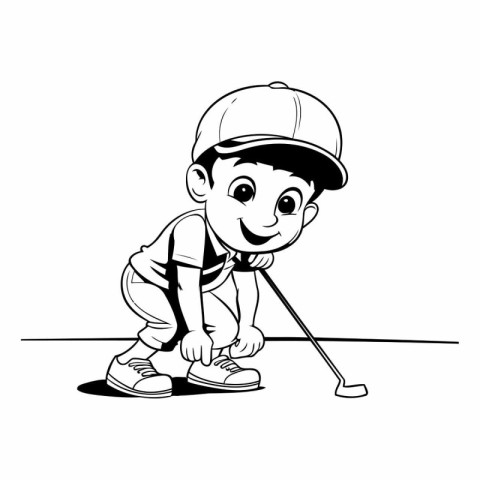 Illustration of a little boy playing golf on a white background.