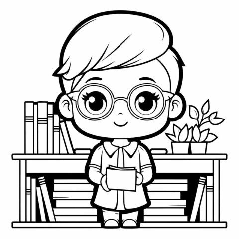 Cute little boy in glasses reading a book. Vector illustration.