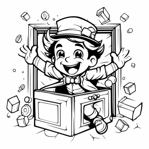 Black and White Cartoon Illustration of Kid Boy Posing Inside a