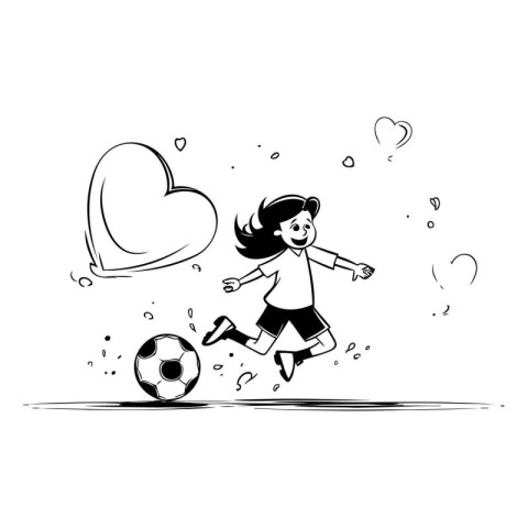 Cute little girl playing soccer with heart. Vector illustration