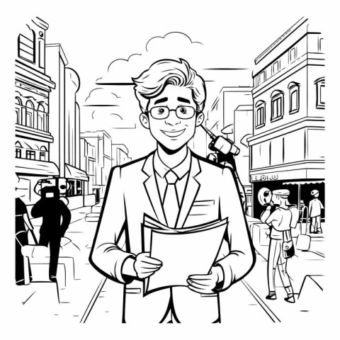 Businessman on the street. Black and white vector illustration f