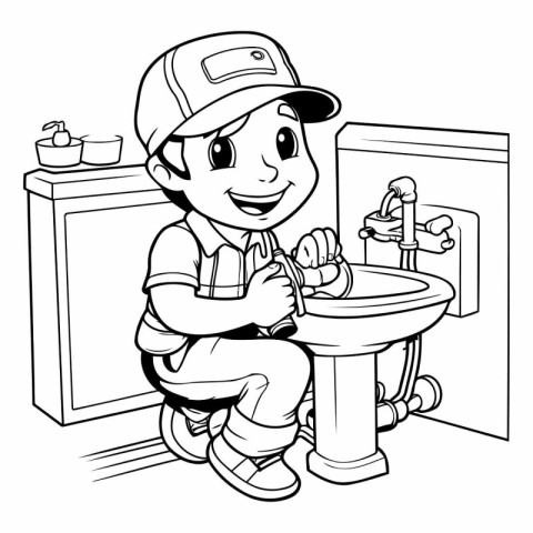 Plumber - Black and White Cartoon Illustration. Coloring Book