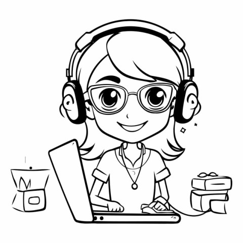 Illustration of a Kid Girl Using a Laptop and Listening to Music