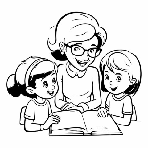 Grandmother reading a book with her grandchildren. black and whi