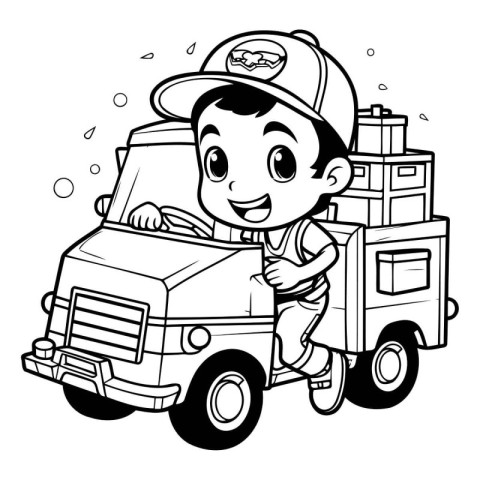 Black and White Cartoon Illustration of a Kid Boy Carrying a Lor