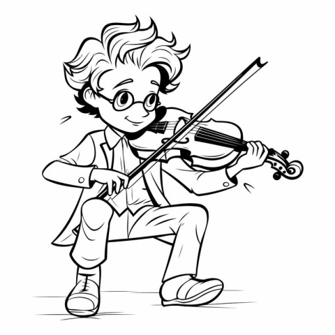 Cartoon illustration of a boy playing the violin - Black and whi