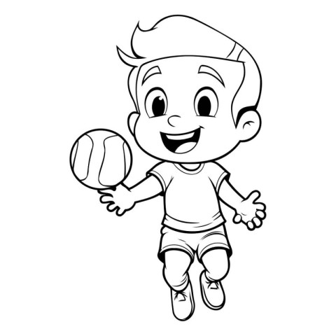 Boy Playing Volleyball - Black and White Cartoon Illustration. V