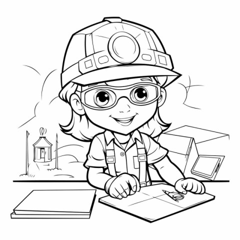 Black and White Cartoon Illustration of Little Fireman or Firema